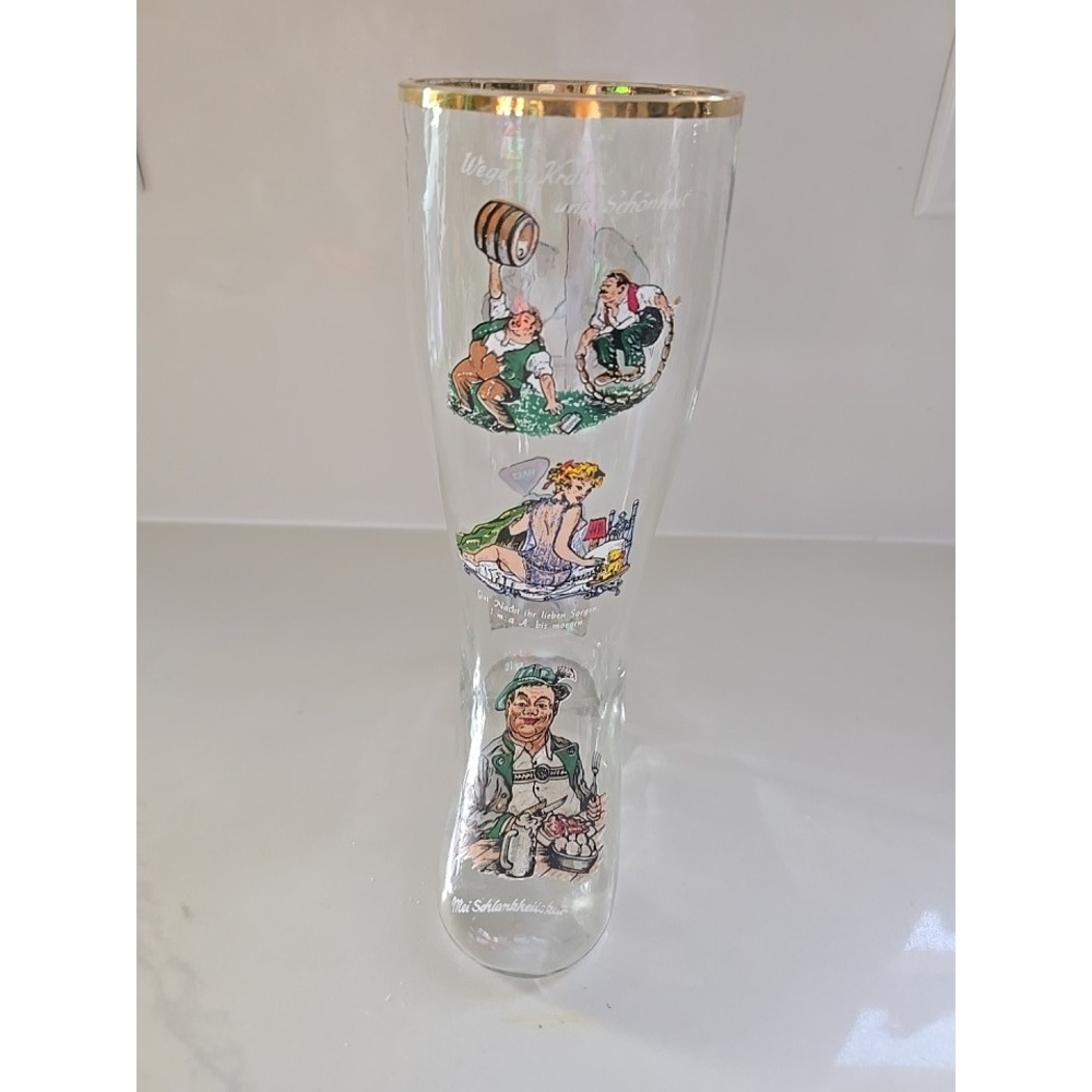 Vintage German Beer Boot Glass Gold‎ Rim Humorous Bavarian Illustrations 9 Inch